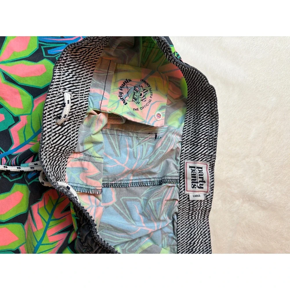 Party Pants Mens Tropical Neon Leaf Print Swim Trunks Shorts Black Large